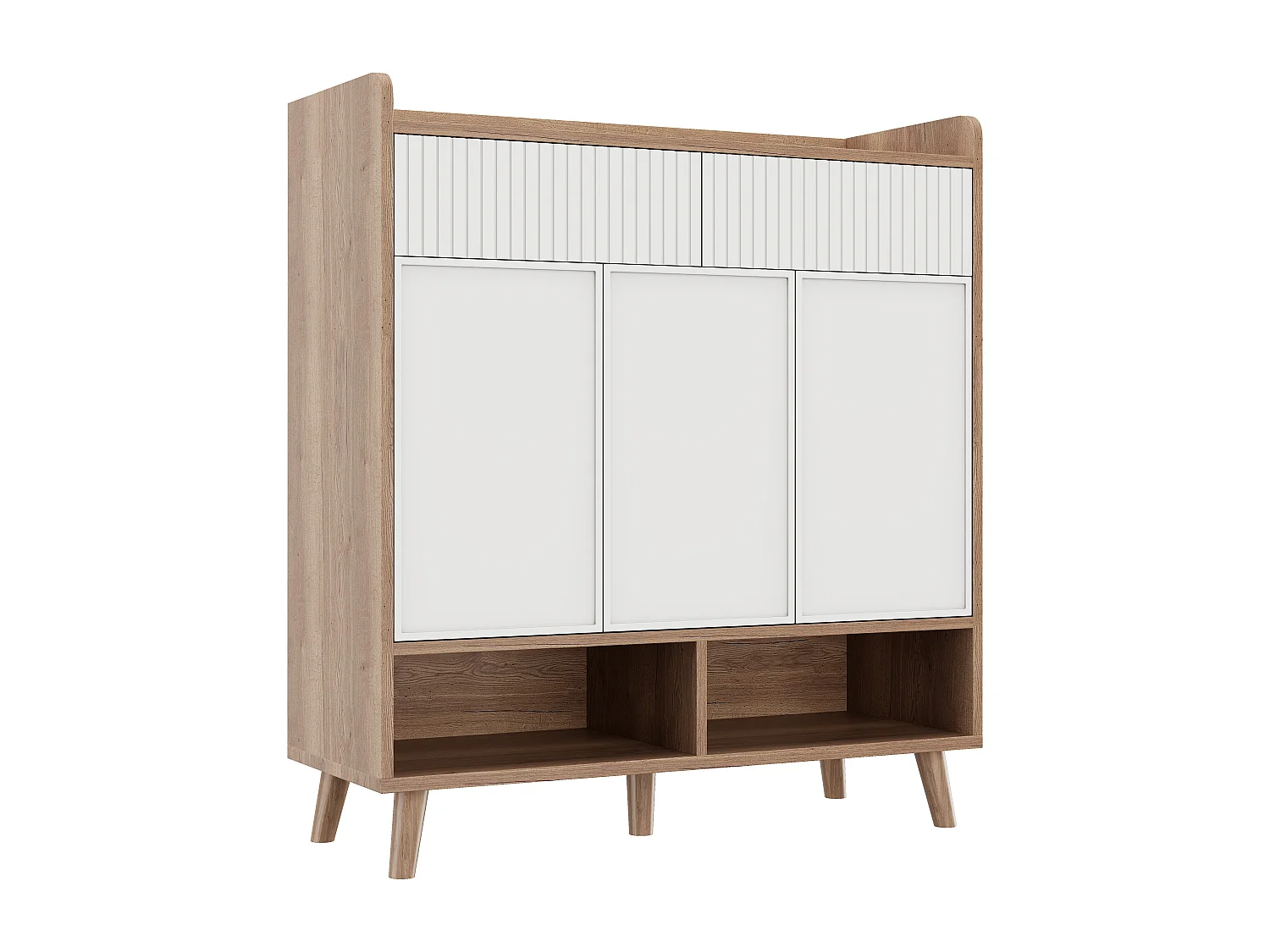 Schuhschrank für den Eingangsbereich – 90 x 35 x 100 cm – mit 3 Türen, 2 Schubladen und Einlegeböden – MDF und Spanplatte – weiß und natur