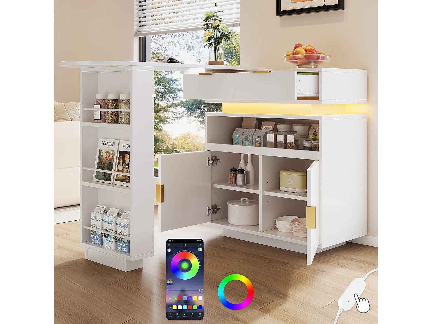 Uitschuifbare bartafel met 360° draaifunctie - 115-183 x 40 x 99 cm - met deuren + planken + LED-verlichting - MDF - wit