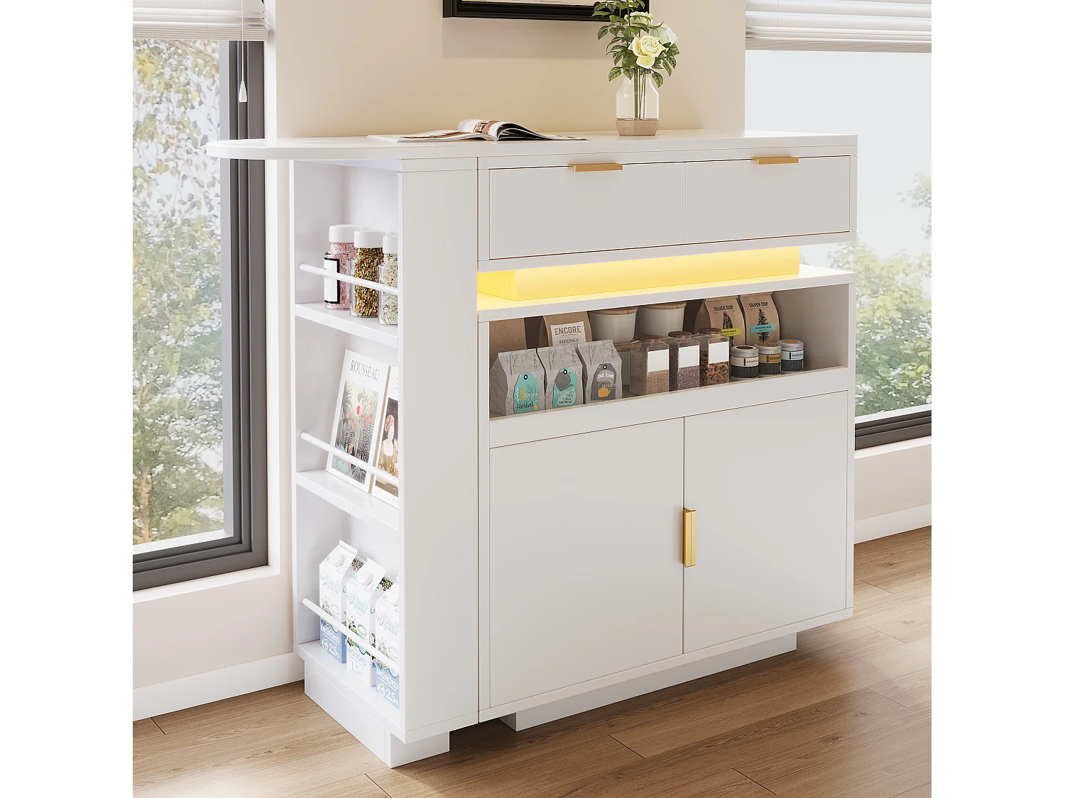 Uitschuifbare bartafel met 360° draaifunctie - 115-183 x 40 x 99 cm - met deuren + planken + LED-verlichting - MDF - wit