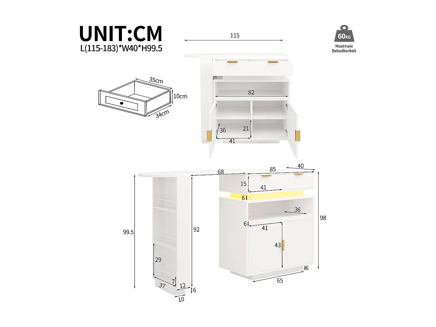 Uitschuifbare bartafel met 360° draaifunctie - 115-183 x 40 x 99 cm - met deuren + planken + LED-verlichting - MDF - wit