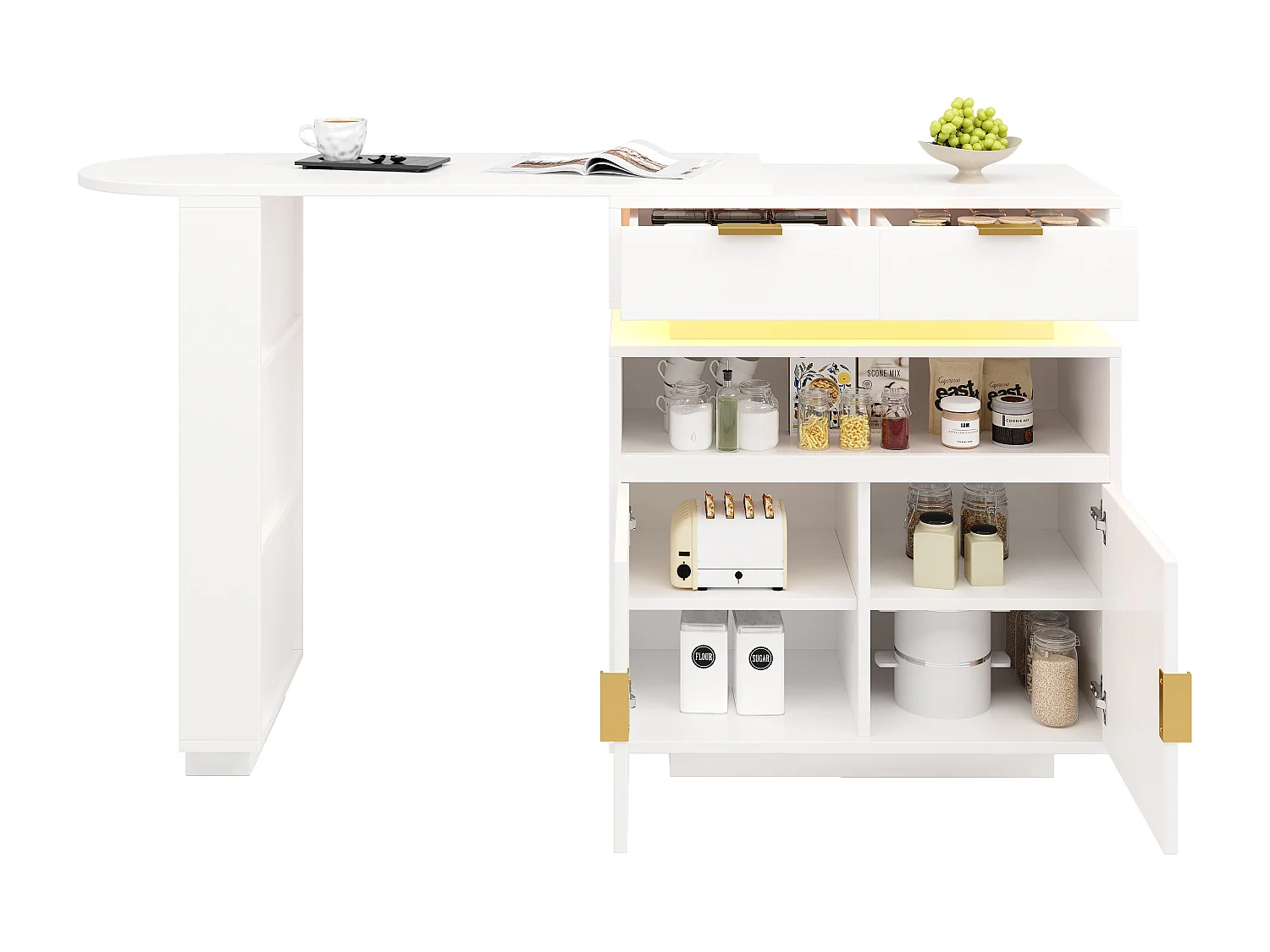 Uitschuifbare bartafel met 360° draaifunctie - 115-183 x 40 x 99 cm - met deuren + planken + LED-verlichting - MDF - wit