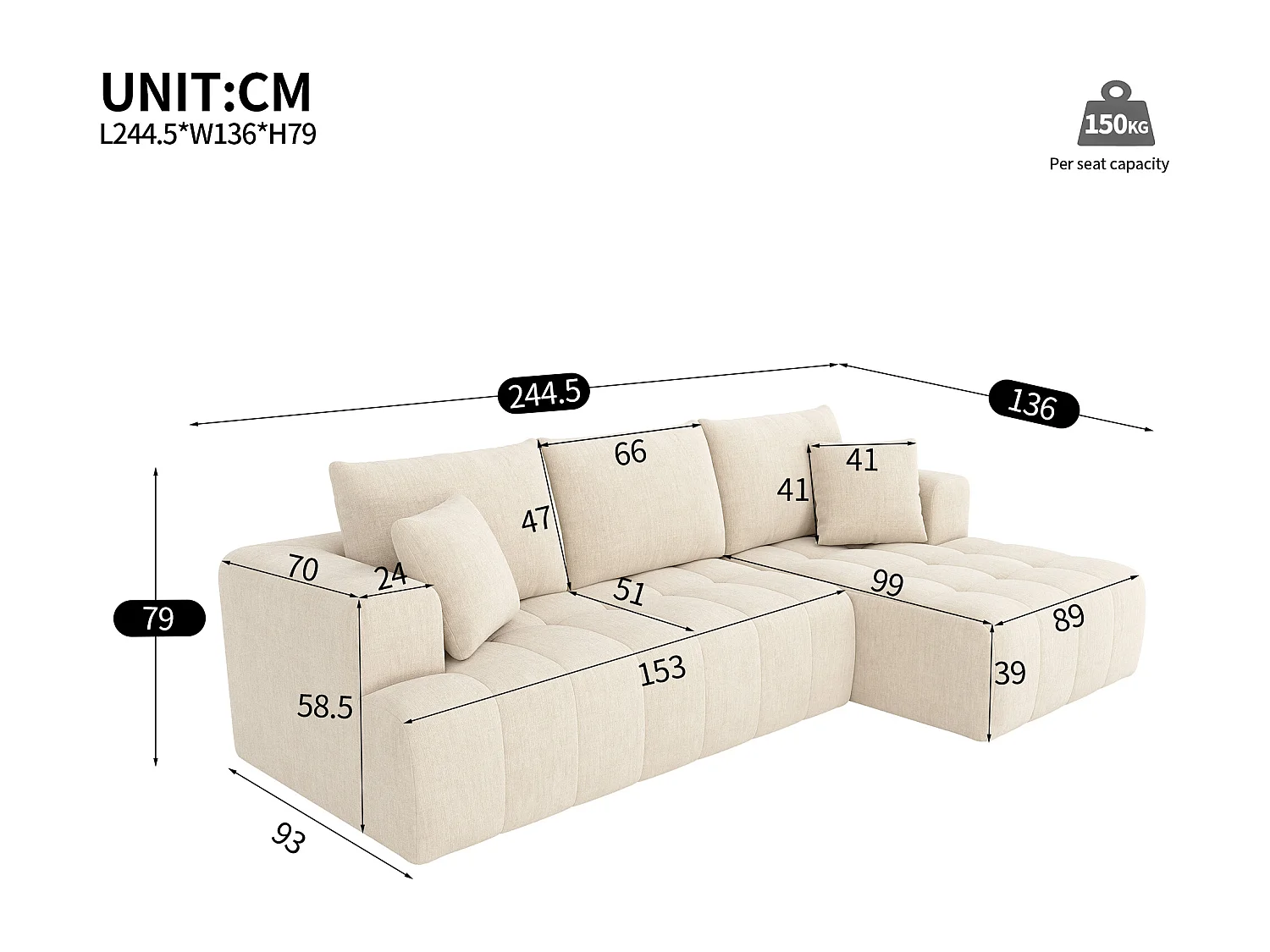 Sofá modular sem estrutura - 244,5 x 136 x 79 cm - combinações livres - não requer montagem - veludo - bege