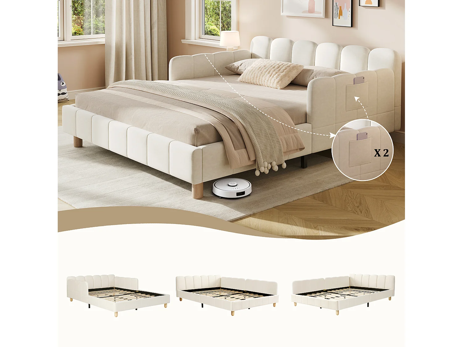 Letto imbottito per bambini - 140 x 200 cm - con testiera e sponda di sicurezza - gambe in legno massello - velluto - beige