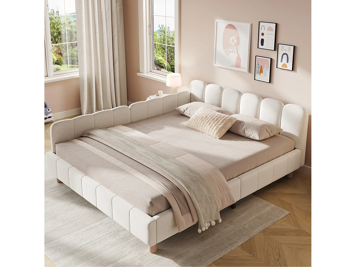 Letto imbottito per bambini - 140 x 200 cm - con testiera e sponda di sicurezza - gambe in legno massello - velluto - beige