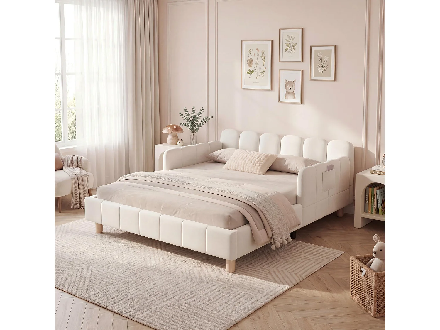 Letto imbottito per bambini - 140 x 200 cm - con testiera e sponda di sicurezza - gambe in legno massello - velluto - beige