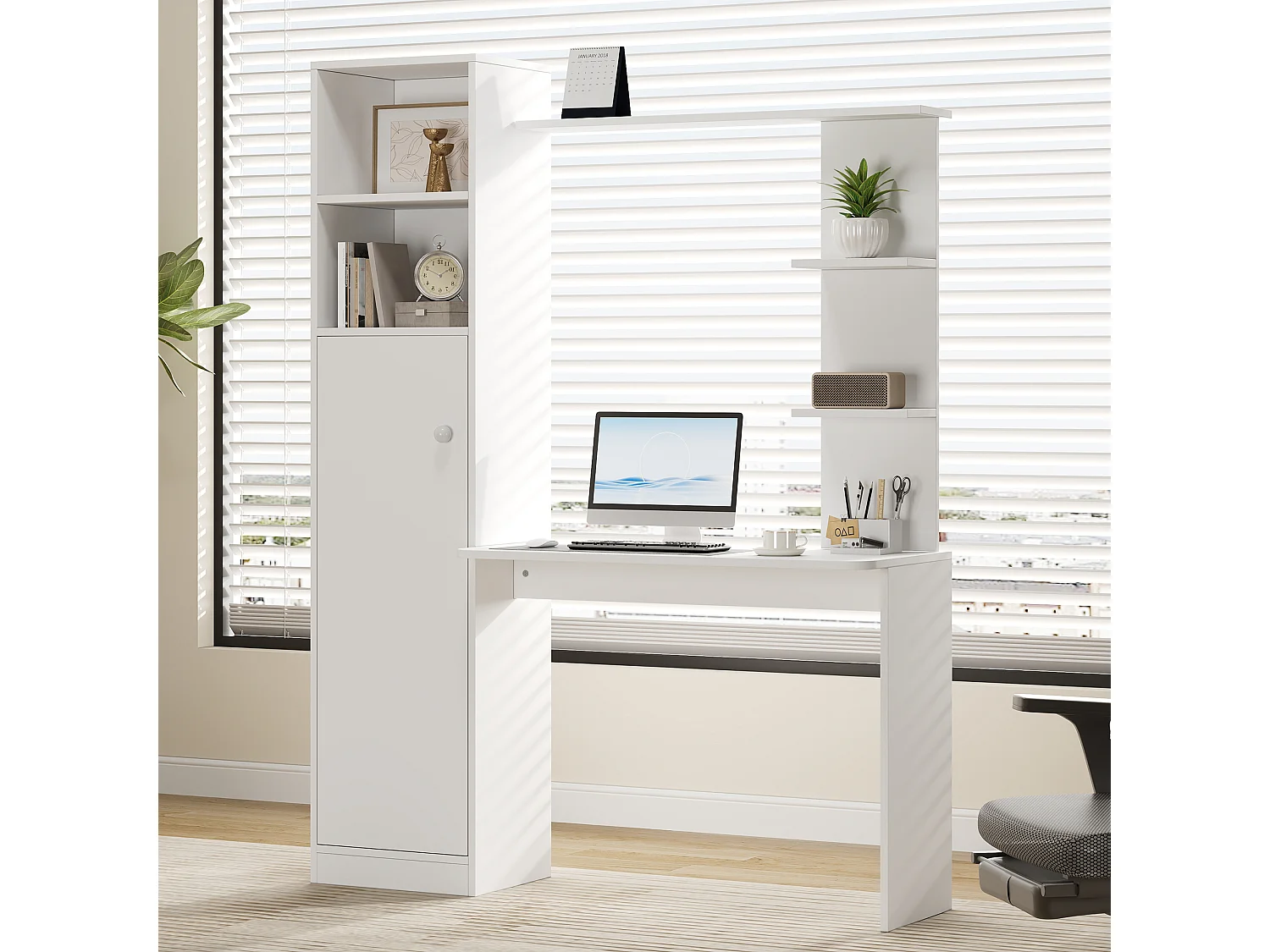 Moderner Design-Schreibtisch – 123,5 x 45 x 168,5 cm – mit Schrank und Ablagefach – MDF – weiß