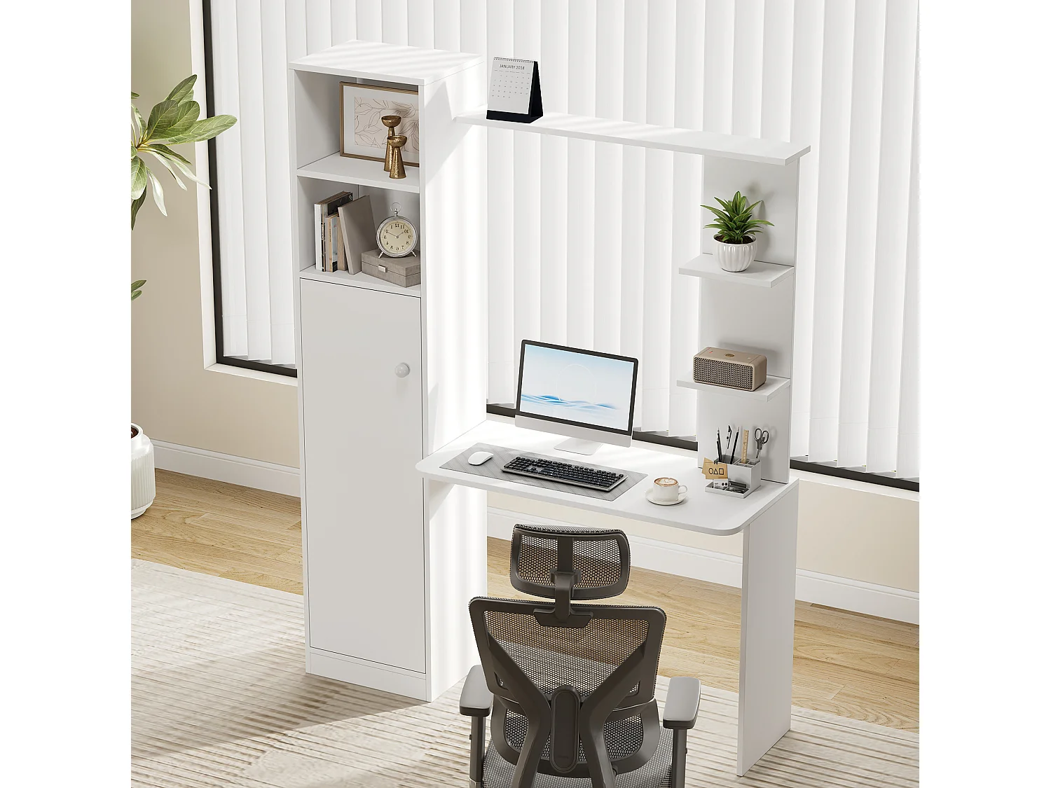 Moderner Design-Schreibtisch – 123,5 x 45 x 168,5 cm – mit Schrank und Ablagefach – MDF – weiß