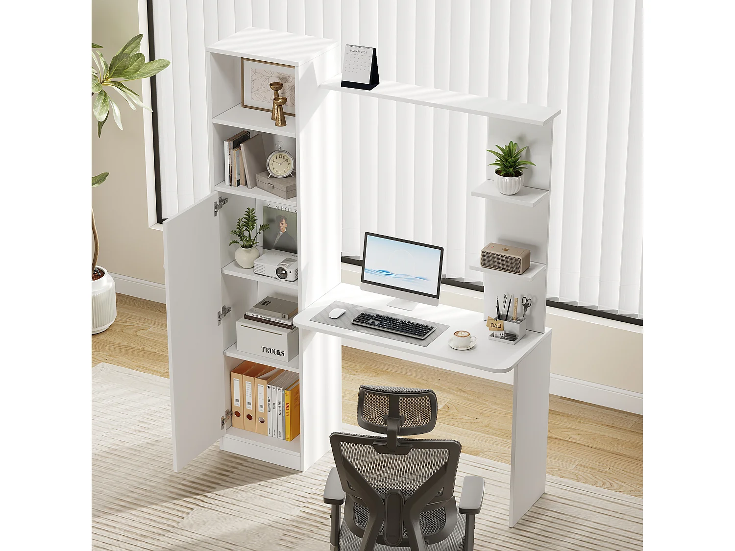 Moderner Design-Schreibtisch – 123,5 x 45 x 168,5 cm – mit Schrank und Ablagefach – MDF – weiß