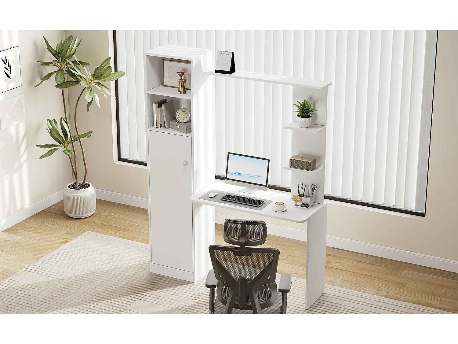 Moderner Design-Schreibtisch – 123,5 x 45 x 168,5 cm – mit Schrank und Ablagefach – MDF – weiß