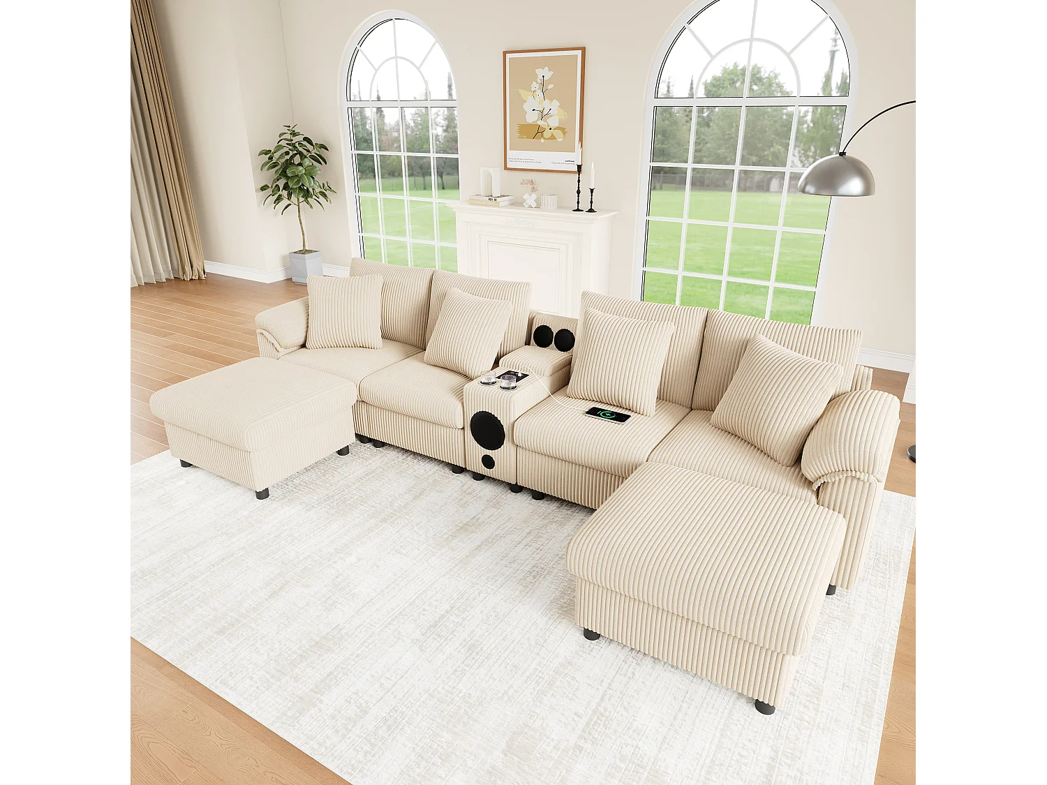 Narożnik modułowy 6-osobowy - 315,5 x 144 x 84,5 cm - z głośnikiem Bluetooth + portem USB + poduszkami + schowkiem - aksamitny - beżowy