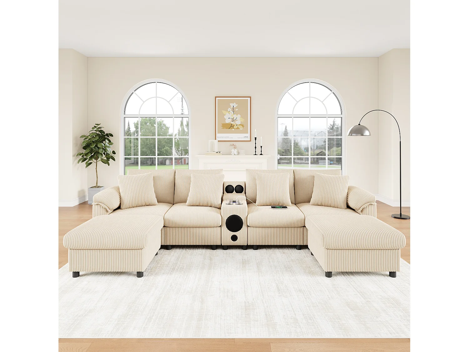 Narożnik modułowy 6-osobowy - 315,5 x 144 x 84,5 cm - z głośnikiem Bluetooth + portem USB + poduszkami + schowkiem - aksamitny - beżowy