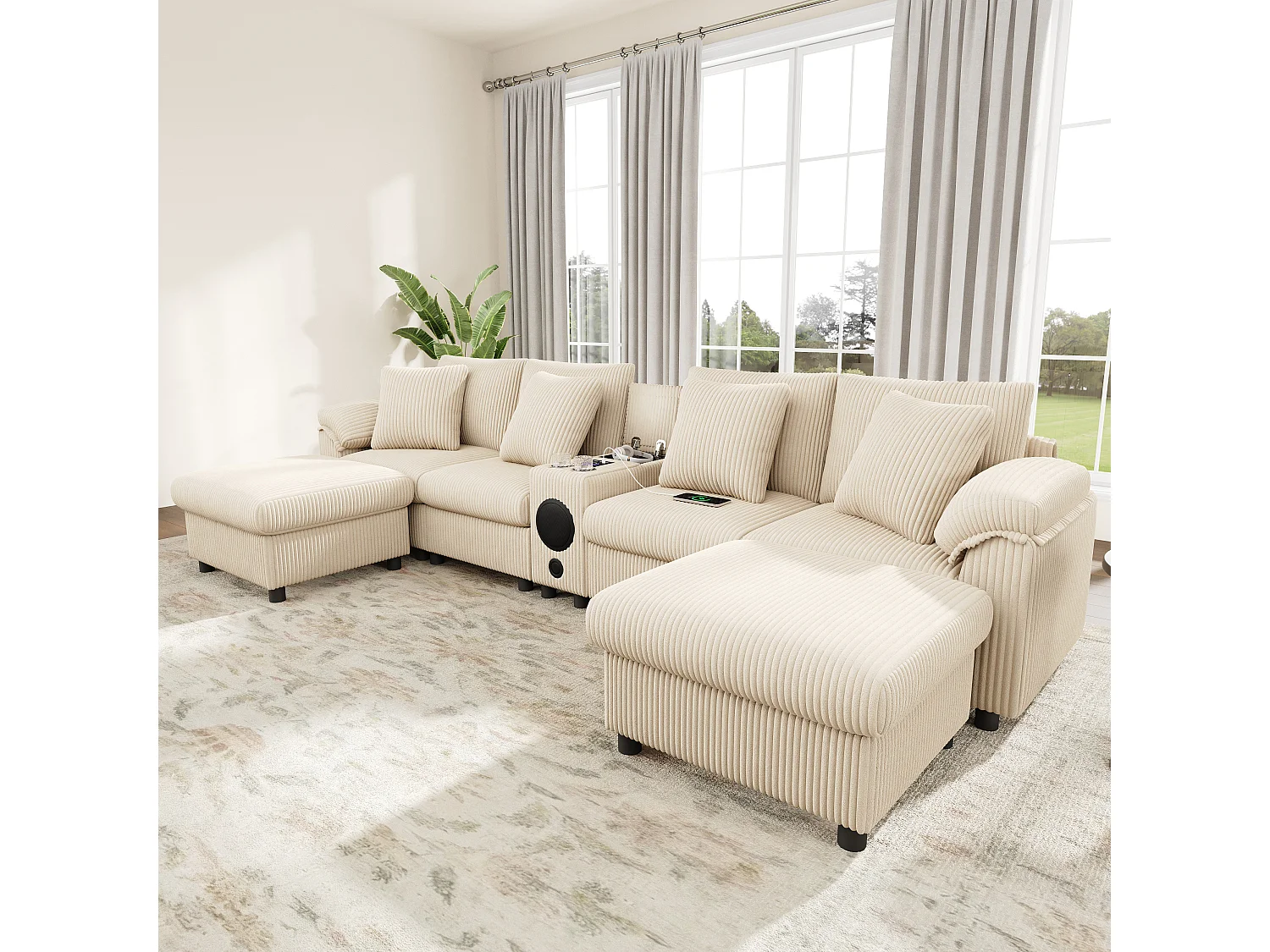 Narożnik modułowy 6-osobowy - 315,5 x 144 x 84,5 cm - z głośnikiem Bluetooth + portem USB + poduszkami + schowkiem - aksamitny - beżowy