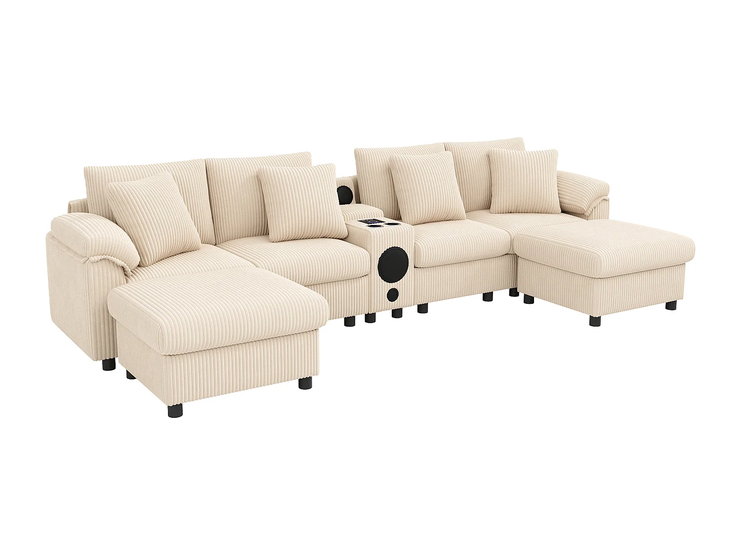 Narożnik modułowy 6-osobowy - 315,5 x 144 x 84,5 cm - z głośnikiem Bluetooth + portem USB + poduszkami + schowkiem - aksamitny - beżowy