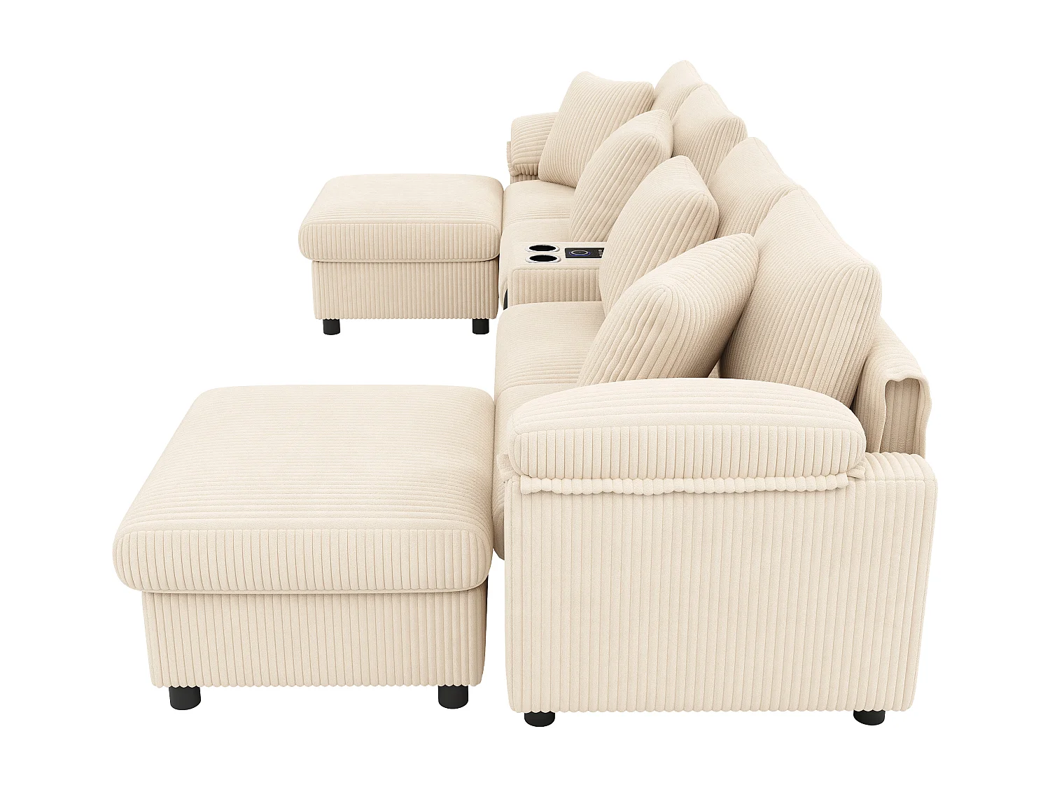 Narożnik modułowy 6-osobowy - 315,5 x 144 x 84,5 cm - z głośnikiem Bluetooth + portem USB + poduszkami + schowkiem - aksamitny - beżowy