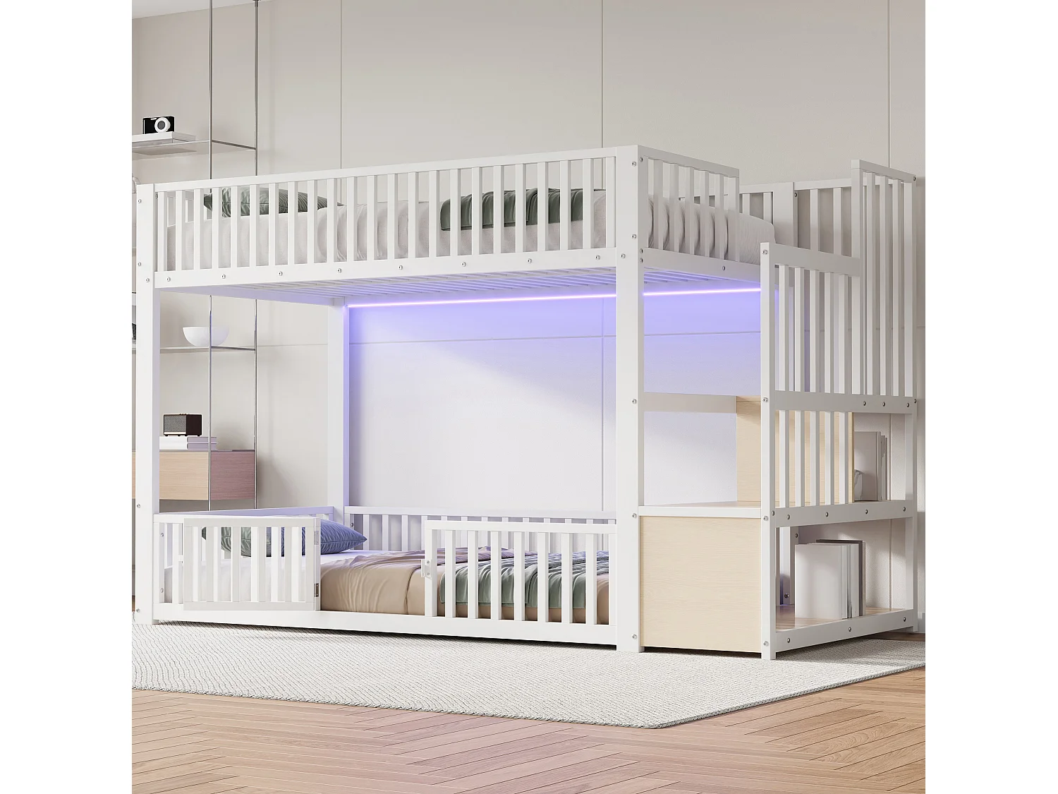 Kinder-Etagenbett – 2 x 90 x 200 cm – mit Leiter mit Stauraum und LED-Beleuchtung – MDF + Metall – weiß