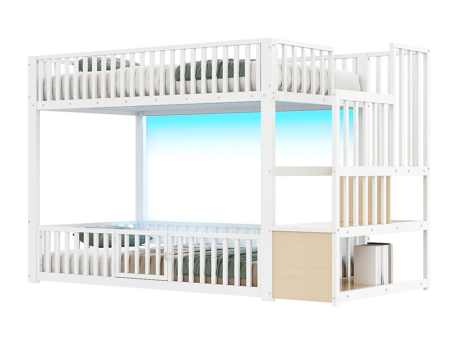 Kinder-Etagenbett – 2 x 90 x 200 cm – mit Leiter mit Stauraum und LED-Beleuchtung – MDF + Metall – weiß