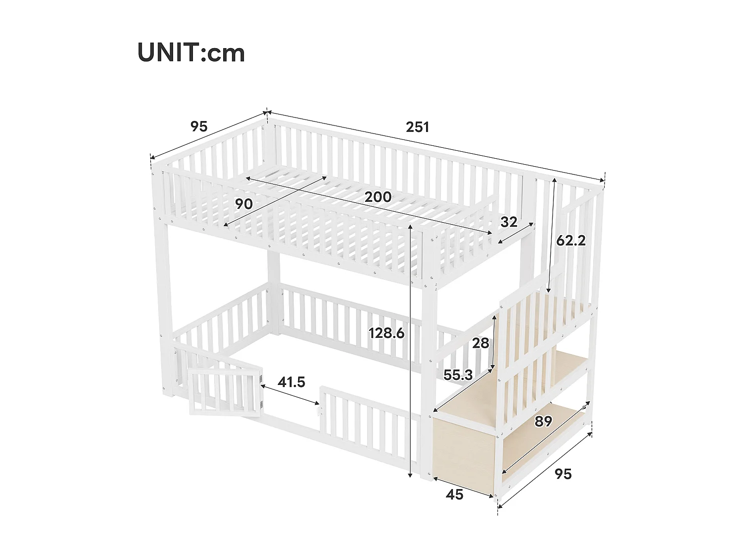 Kinder-Etagenbett – 2 x 90 x 200 cm – mit Leiter mit Stauraum und LED-Beleuchtung – MDF + Metall – weiß