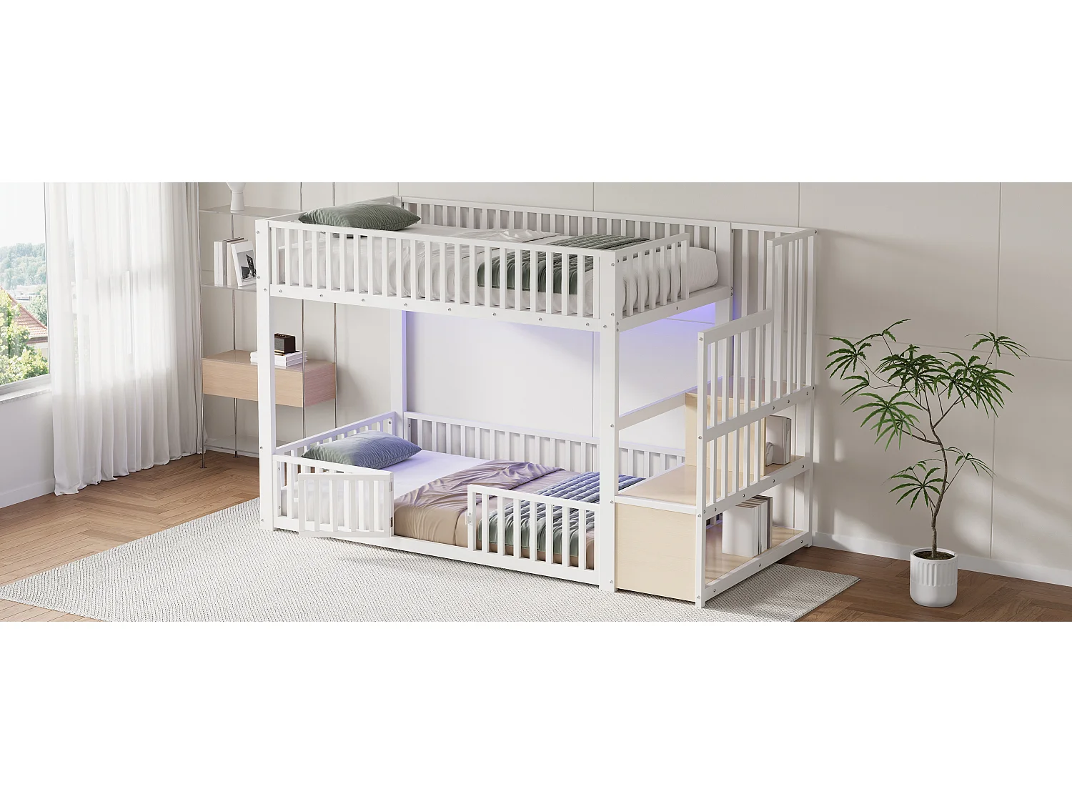 Kinder-Etagenbett – 2 x 90 x 200 cm – mit Leiter mit Stauraum und LED-Beleuchtung – MDF + Metall – weiß