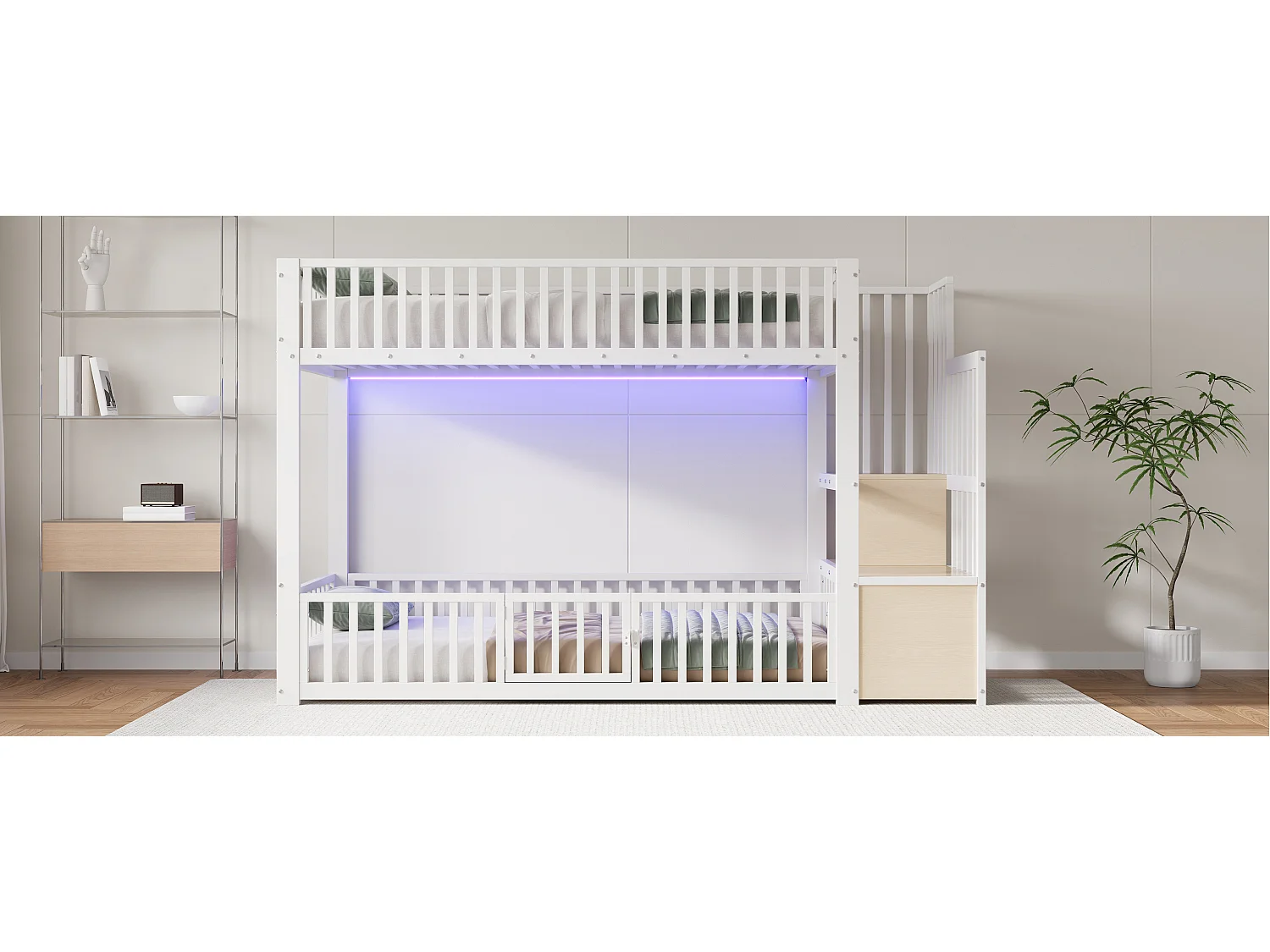 Kinder-Etagenbett – 2 x 90 x 200 cm – mit Leiter mit Stauraum und LED-Beleuchtung – MDF + Metall – weiß