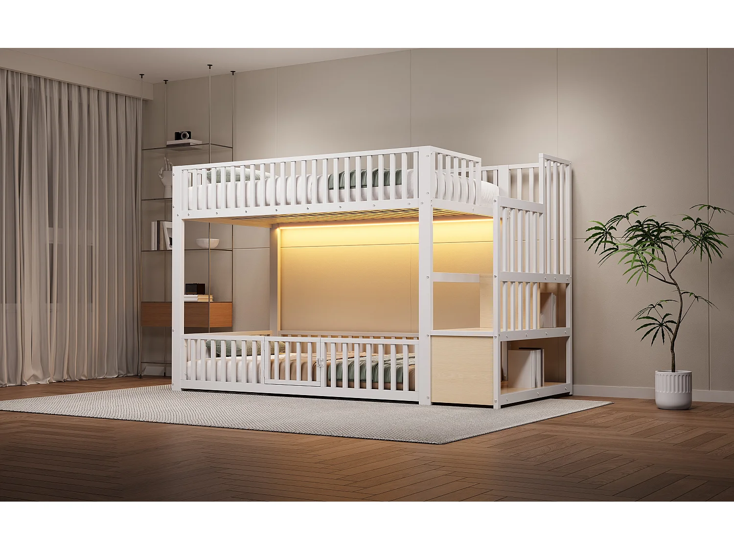 Kinder-Etagenbett – 2 x 90 x 200 cm – mit Leiter mit Stauraum und LED-Beleuchtung – MDF + Metall – weiß