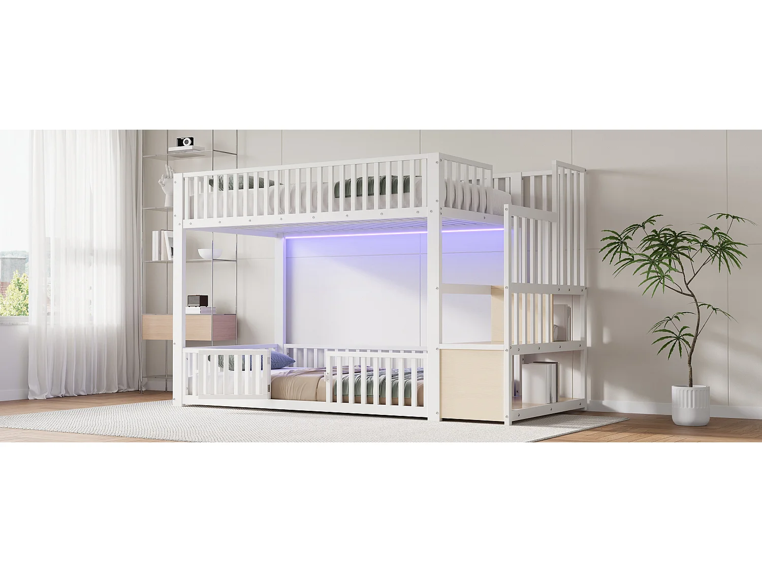 Kinder-Etagenbett – 2 x 90 x 200 cm – mit Leiter mit Stauraum und LED-Beleuchtung – MDF + Metall – weiß