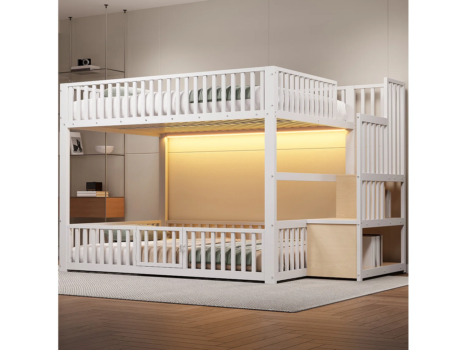 Kinder-Etagenbett – 2 x 140 x 200 cm – mit Leiter und Stauraum + LEDs – MDF + Metall – weiß