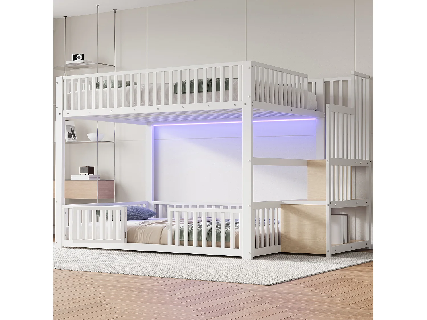 Kinder-Etagenbett – 2 x 140 x 200 cm – mit Leiter und Stauraum + LEDs – MDF + Metall – weiß