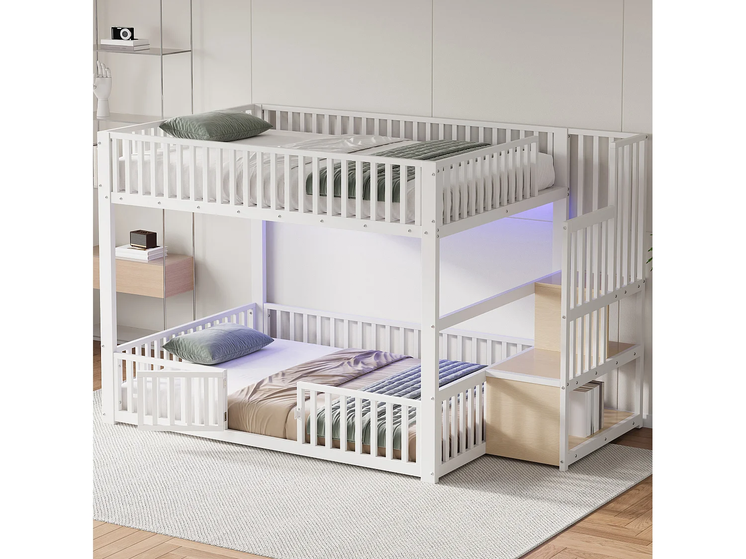 Kinder-Etagenbett – 2 x 140 x 200 cm – mit Leiter und Stauraum + LEDs – MDF + Metall – weiß