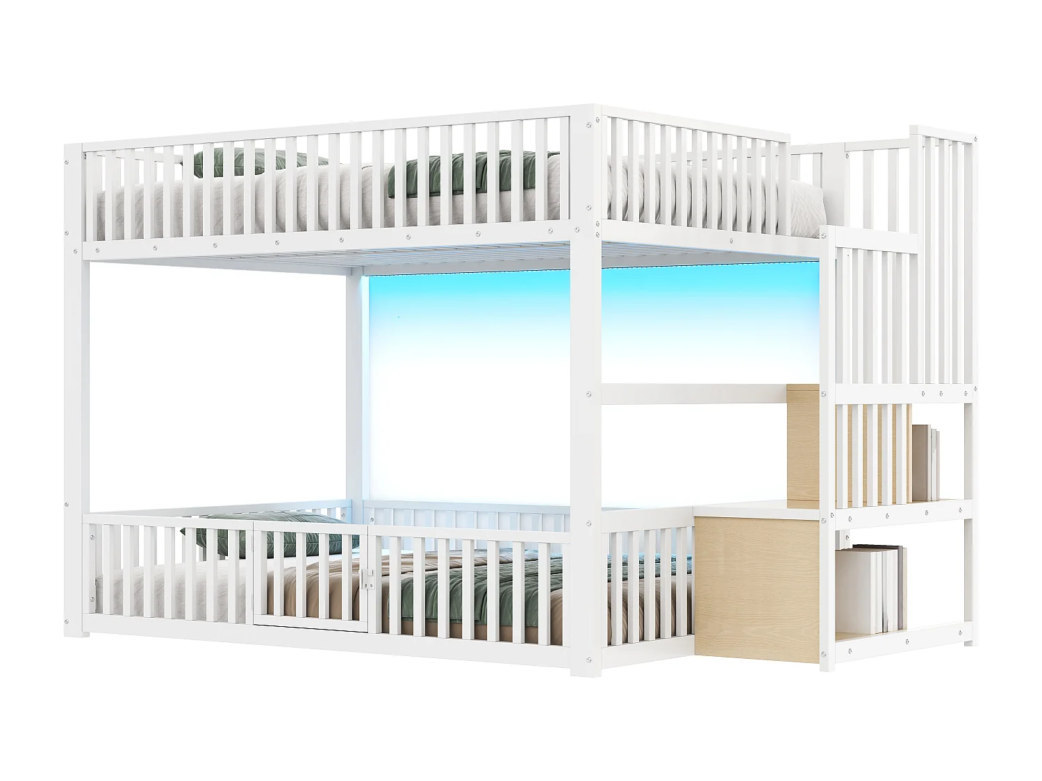 Kinder-Etagenbett – 2 x 140 x 200 cm – mit Leiter und Stauraum + LEDs – MDF + Metall – weiß