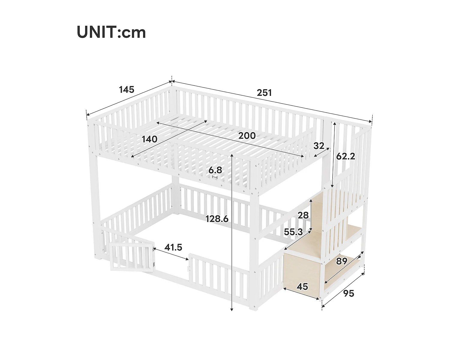 Kinder-Etagenbett – 2 x 140 x 200 cm – mit Leiter und Stauraum + LEDs – MDF + Metall – weiß