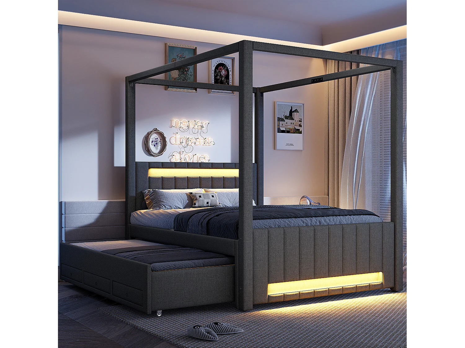 Lit capitonné à baldaquin - 140 x 200 cm - avec lit gigogne 90 x 190 cm + 3 tiroirs + Leds - lin + MDF - gris