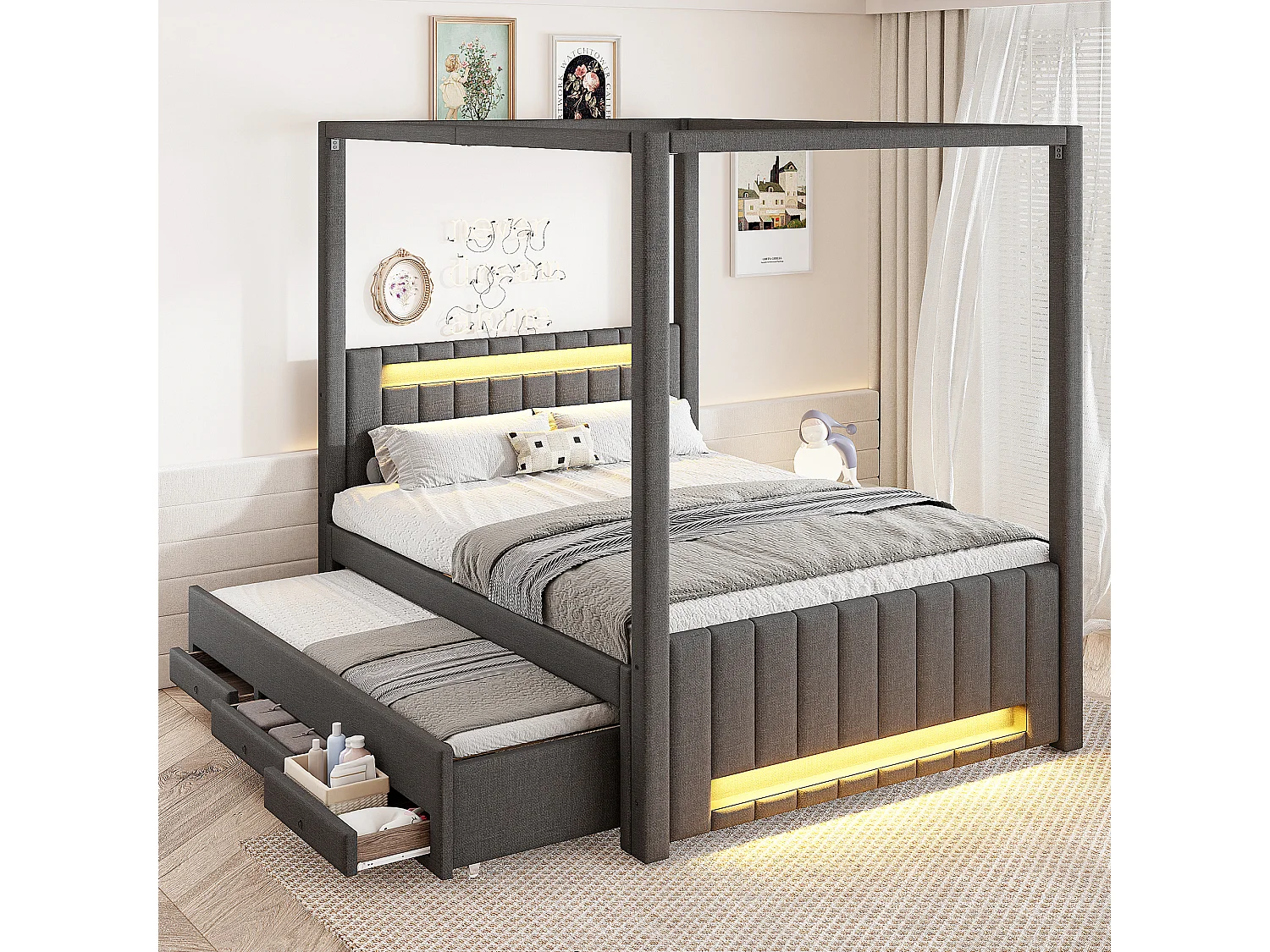 Lit capitonné à baldaquin - 140 x 200 cm - avec lit gigogne 90 x 190 cm + 3 tiroirs + Leds - lin + MDF - gris