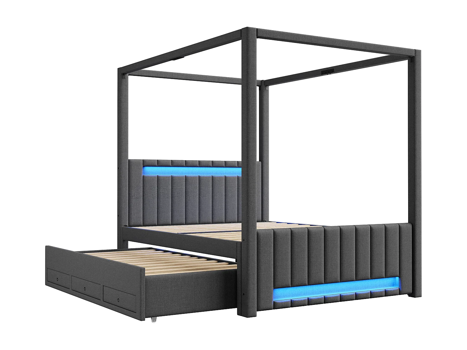 Lit capitonné à baldaquin - 140 x 200 cm - avec lit gigogne 90 x 190 cm + 3 tiroirs + Leds - lin + MDF - gris