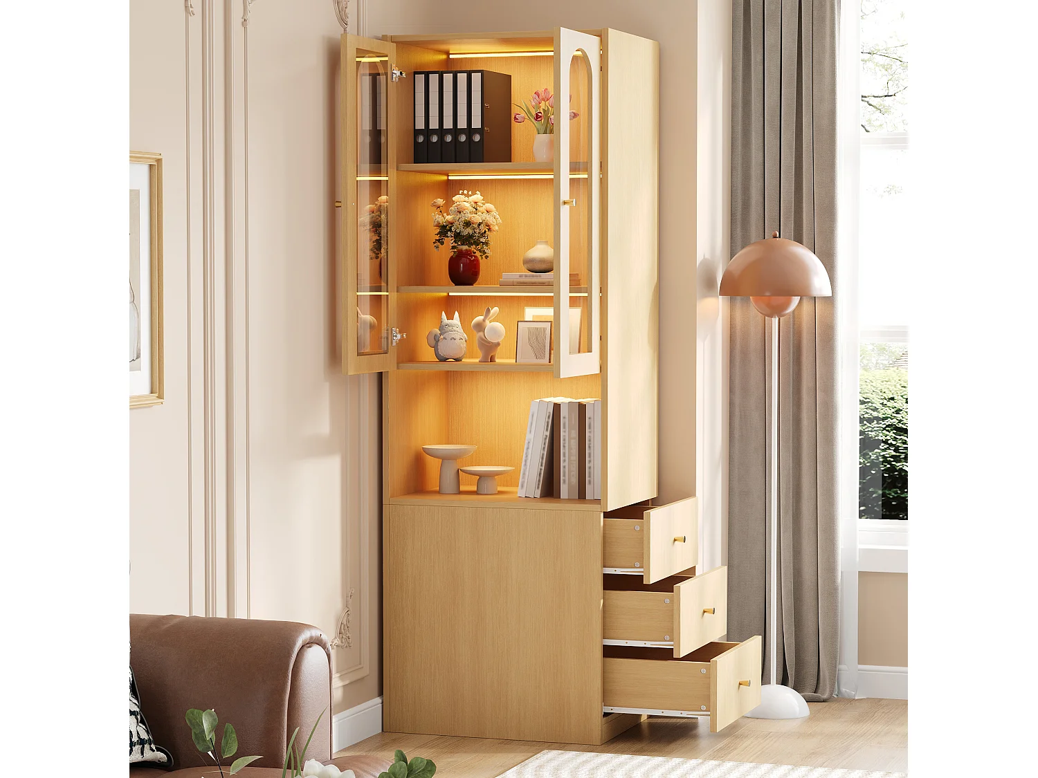 Wandregal fürs Wohnzimmer – 60 x 40 x 200 cm – mit 3 Schubladen, Regalböden, 2 Türen und LED-Beleuchtung – Spanplatte – natur