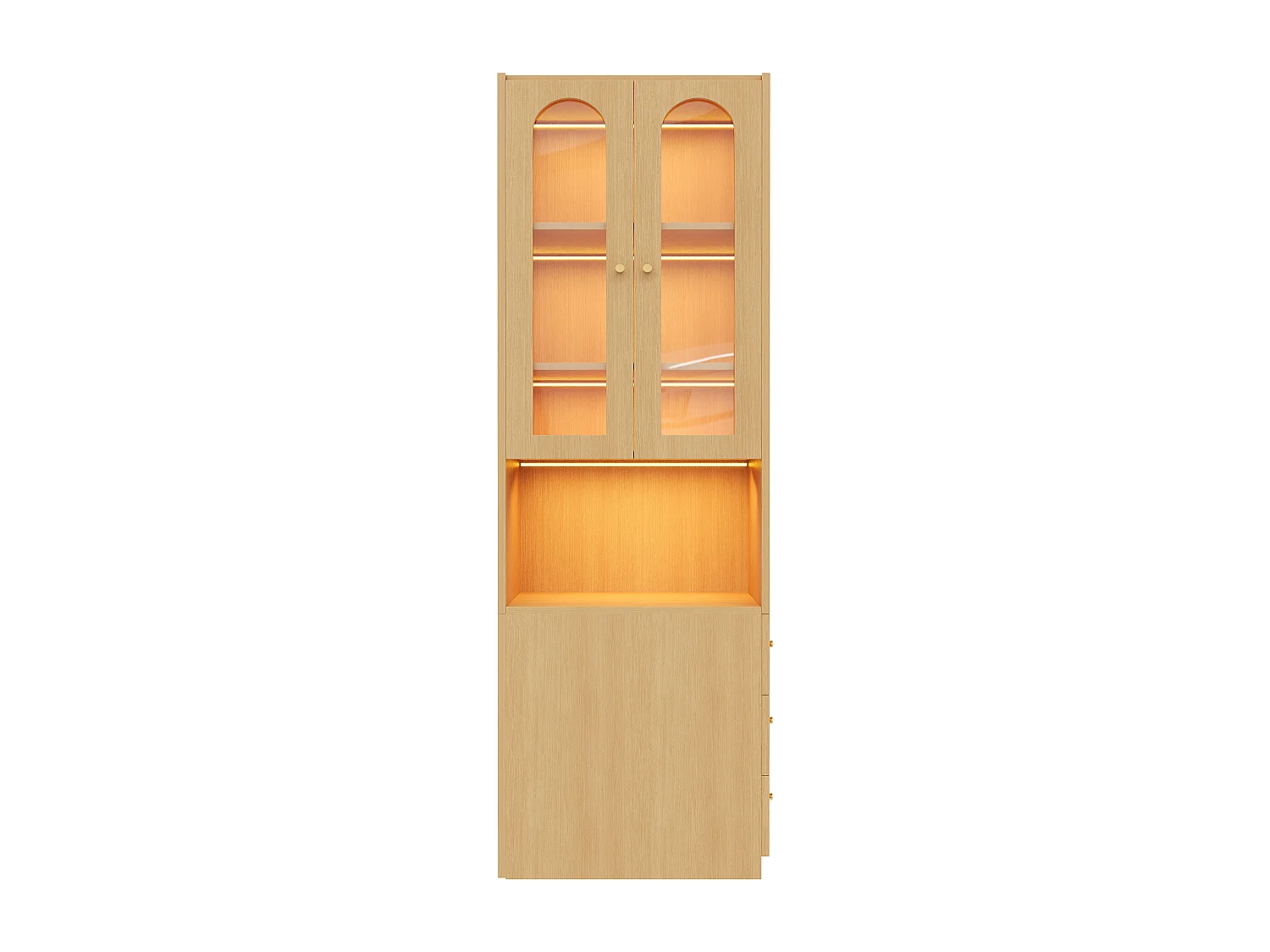 Wandregal fürs Wohnzimmer – 60 x 40 x 200 cm – mit 3 Schubladen, Regalböden, 2 Türen und LED-Beleuchtung – Spanplatte – natur