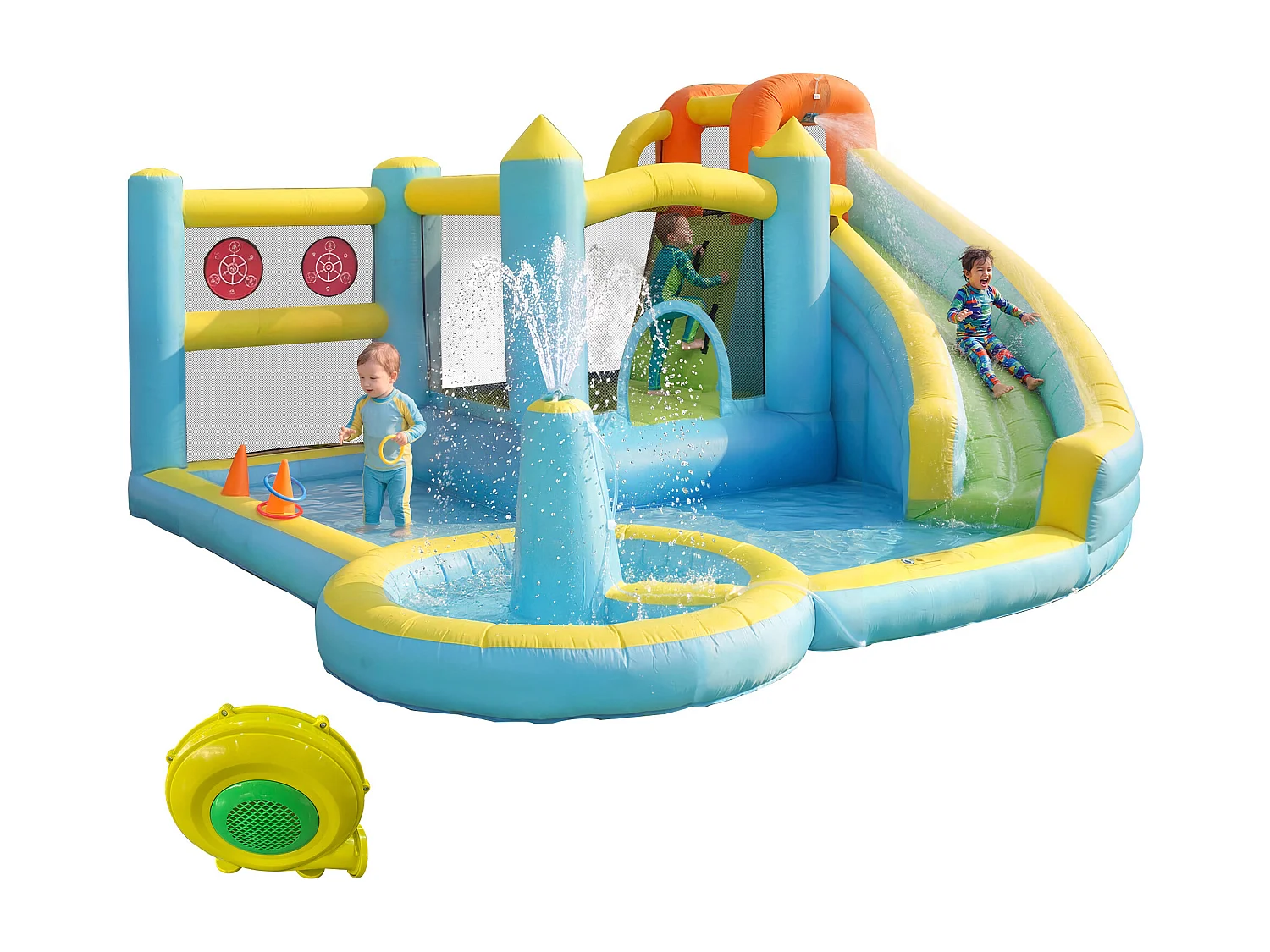 Château gonflable pour enfants（3-10 ans)3 places - 430 x 390 x 210 cm - avec toboggan + piscine + souffleur - Oxford - Multicolore