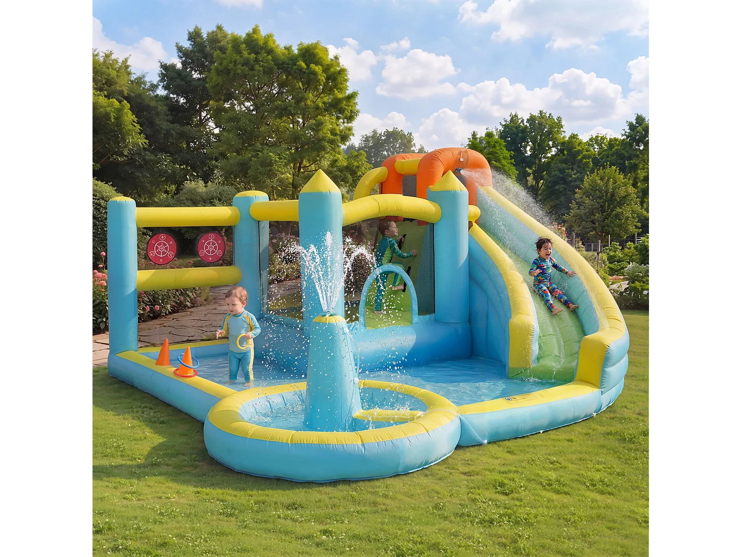 Château gonflable pour enfants（3-10 ans)3 places - 430 x 390 x 210 cm - avec toboggan + piscine + souffleur - Oxford - Multicolore