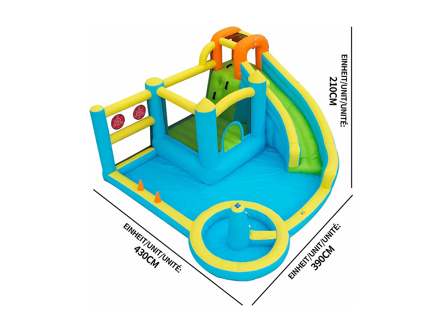 Château gonflable pour enfants（3-10 ans)3 places - 430 x 390 x 210 cm - avec toboggan + piscine + souffleur - Oxford - Multicolore