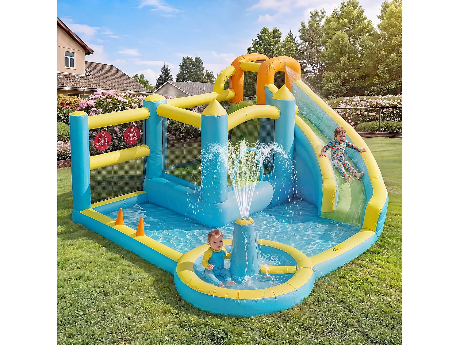 Château gonflable pour enfants（3-10 ans)3 places - 430 x 390 x 210 cm - avec toboggan + piscine + souffleur - Oxford - Multicolore
