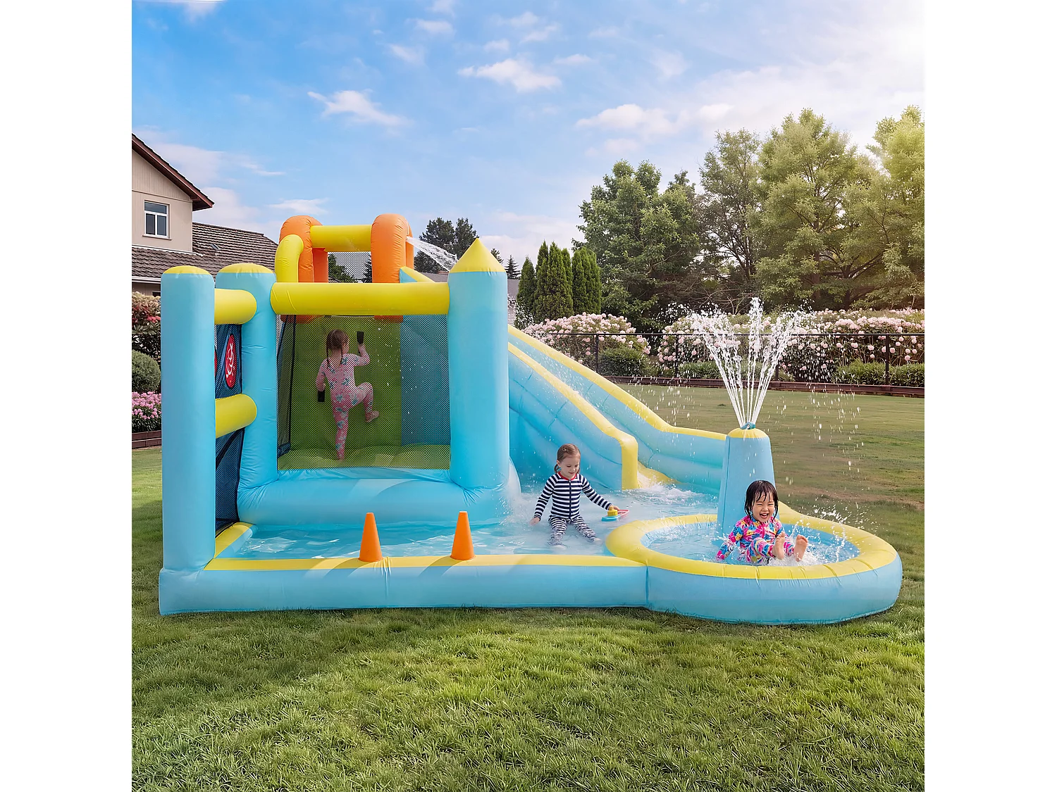 Château gonflable pour enfants（3-10 ans)3 places - 430 x 390 x 210 cm - avec toboggan + piscine + souffleur - Oxford - Multicolore