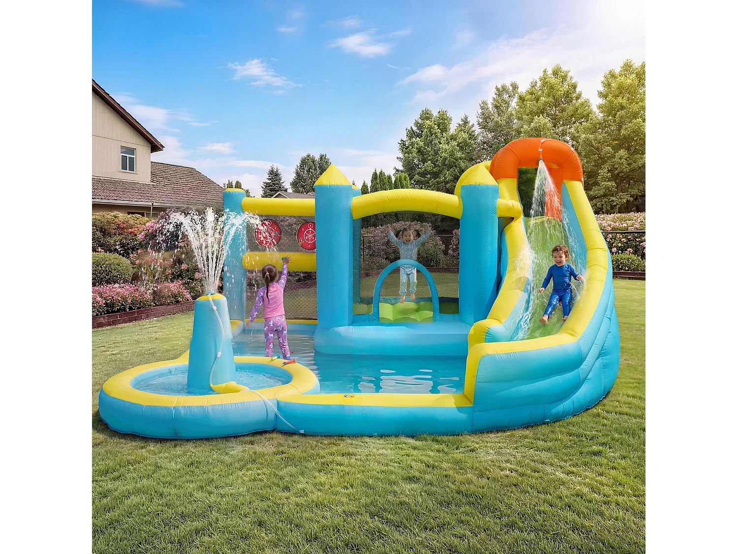 Château gonflable pour enfants（3-10 ans)3 places - 430 x 390 x 210 cm - avec toboggan + piscine + souffleur - Oxford - Multicolore