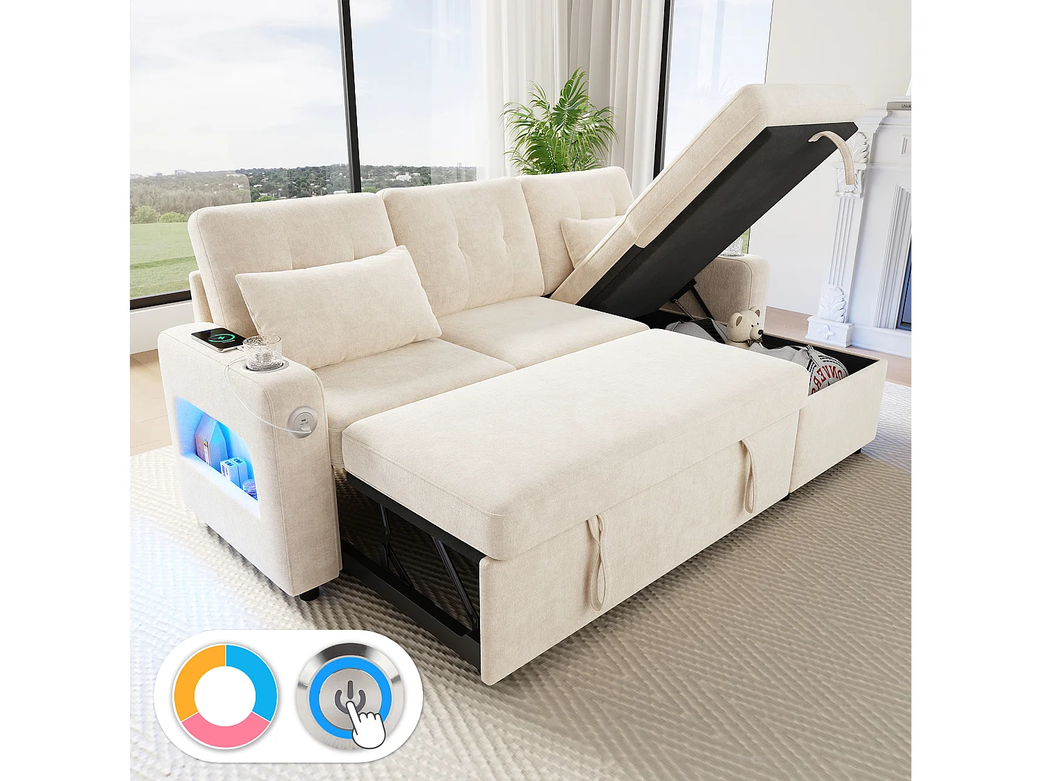 Canapé d'angle convertible 3 places - 206 x 131 x 85 cm - avec rangement + Leds + USB + porte-gobelets - velours - beige