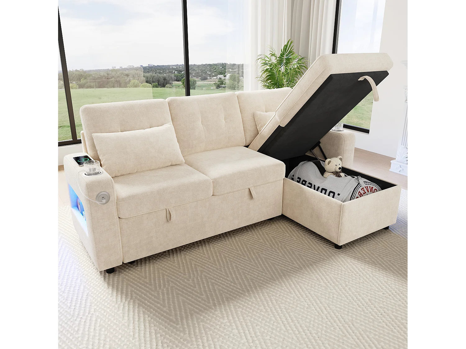 Canapé d'angle convertible 3 places - 206 x 131 x 85 cm - avec rangement + Leds + USB + porte-gobelets - velours - beige