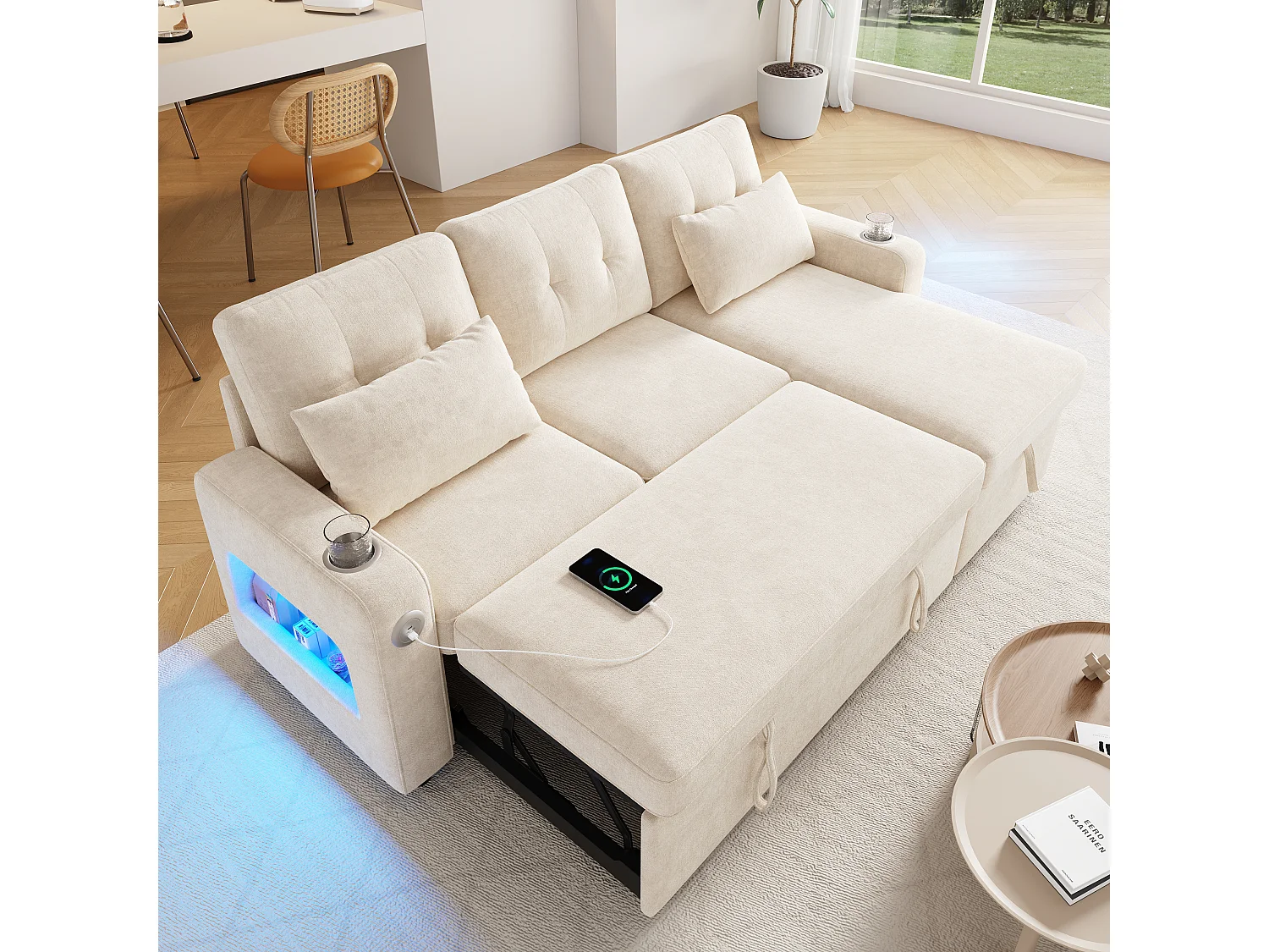 Canapé d'angle convertible 3 places - 206 x 131 x 85 cm - avec rangement + Leds + USB + porte-gobelets - velours - beige