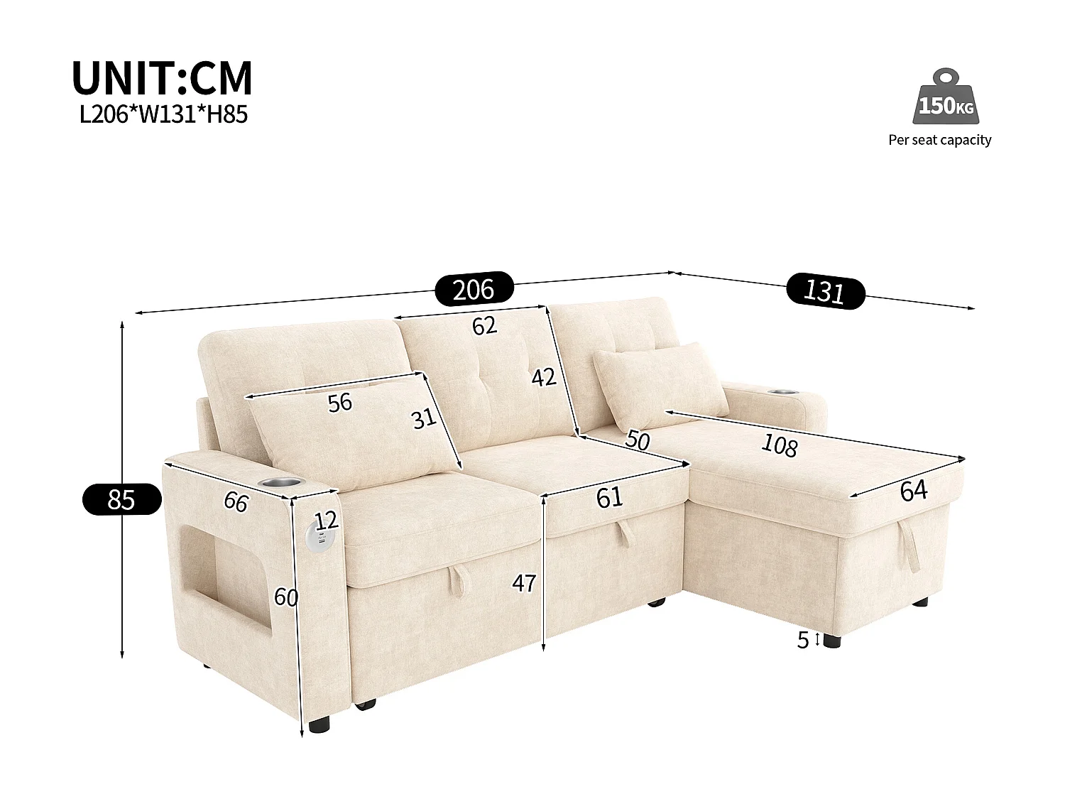 Canapé d'angle convertible 3 places - 206 x 131 x 85 cm - avec rangement + Leds + USB + porte-gobelets - velours - beige