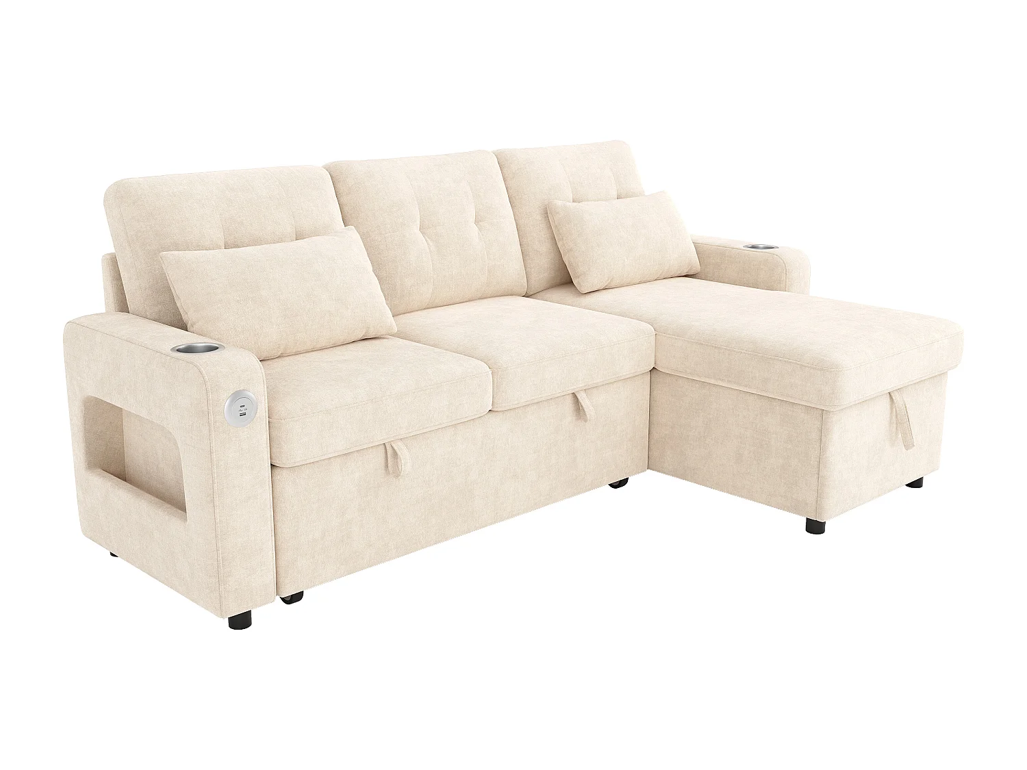 Canapé d'angle convertible 3 places - 206 x 131 x 85 cm - avec rangement + Leds + USB + porte-gobelets - velours - beige