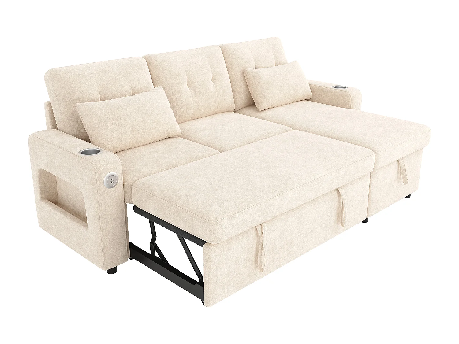Canapé d'angle convertible 3 places - 206 x 131 x 85 cm - avec rangement + Leds + USB + porte-gobelets - velours - beige