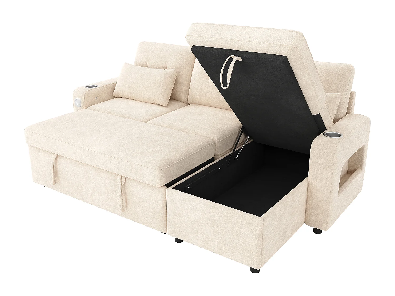 Canapé d'angle convertible 3 places - 206 x 131 x 85 cm - avec rangement + Leds + USB + porte-gobelets - velours - beige