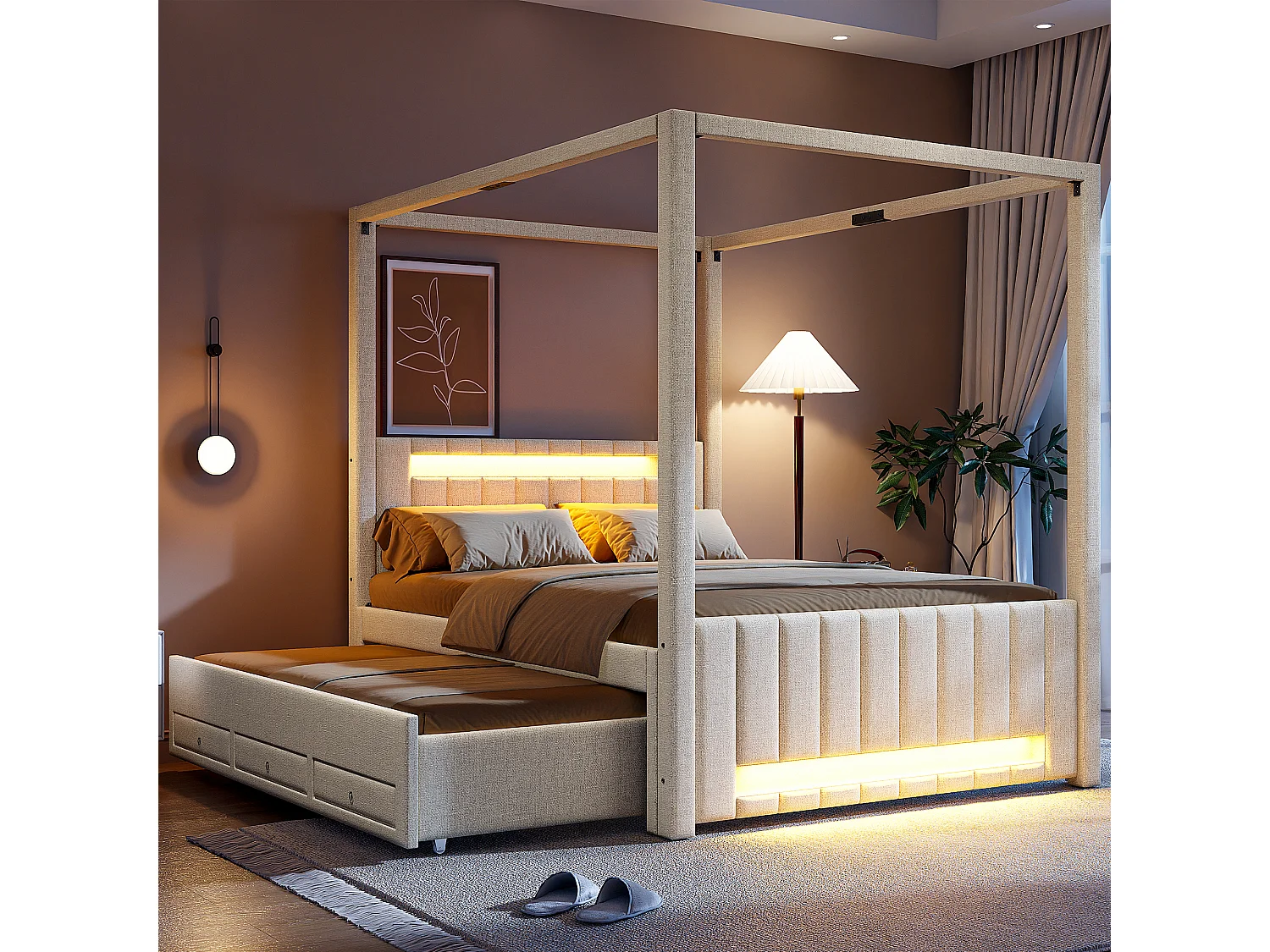 Lit capitonné à baldaquin - 140 x 200 cm - avec lit gigogne 90 x 190 cm + 3 tiroirs + Leds - lin + MDF - beige