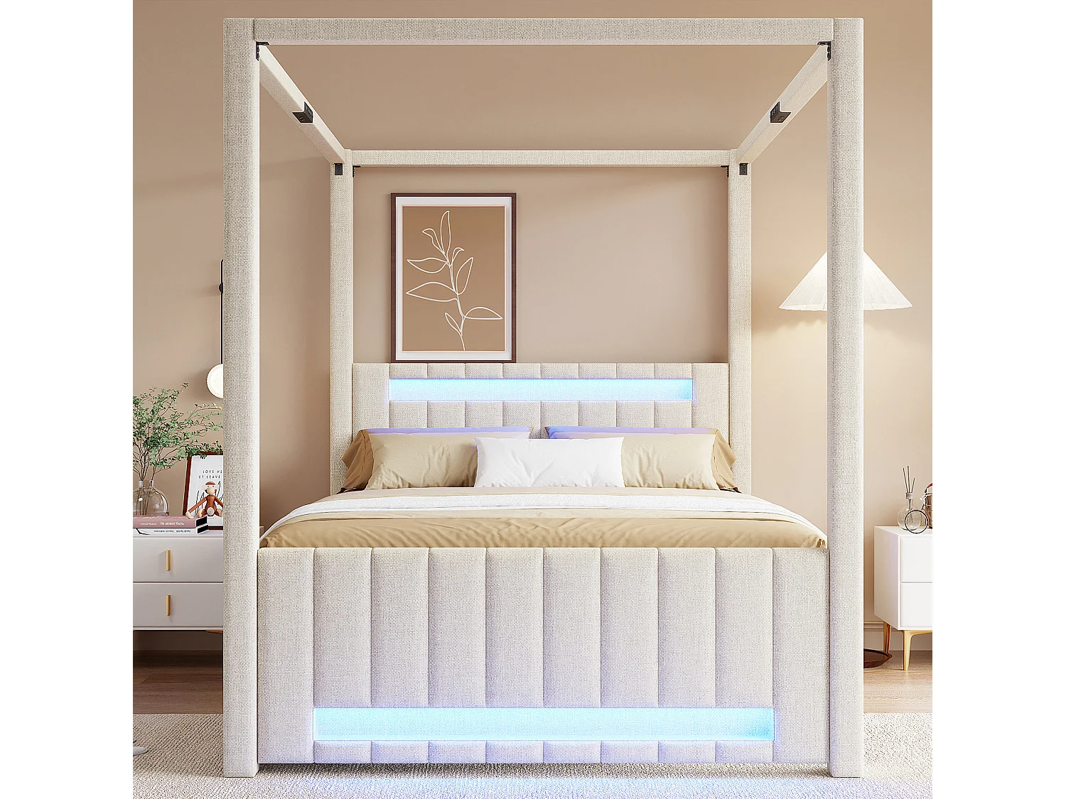 Lit capitonné à baldaquin - 140 x 200 cm - avec lit gigogne 90 x 190 cm + 3 tiroirs + Leds - lin + MDF - beige